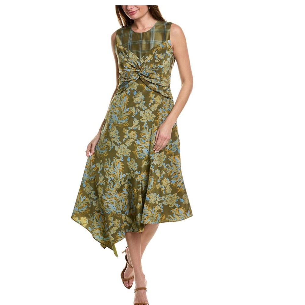 Lafayette148 New York Patchwork Asymmetric Midi Dress, Chive Green, Size 12 - Picture 3 of 16